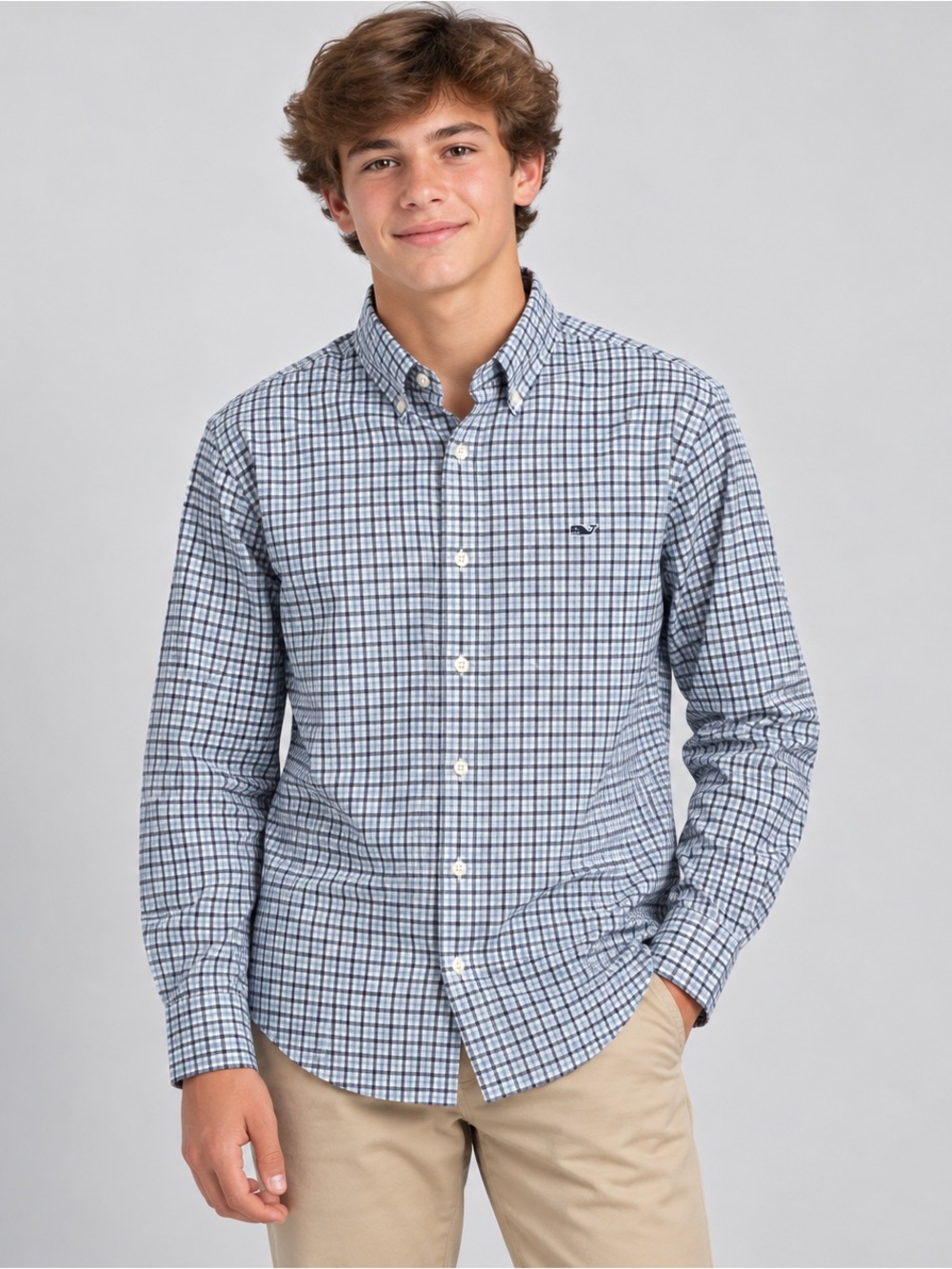 Vineyard Vines Boys XL 18 Blue Gingham Whale Button Down Shirt